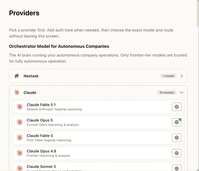 Neotask model settings listing providers, with Claude models expanded.