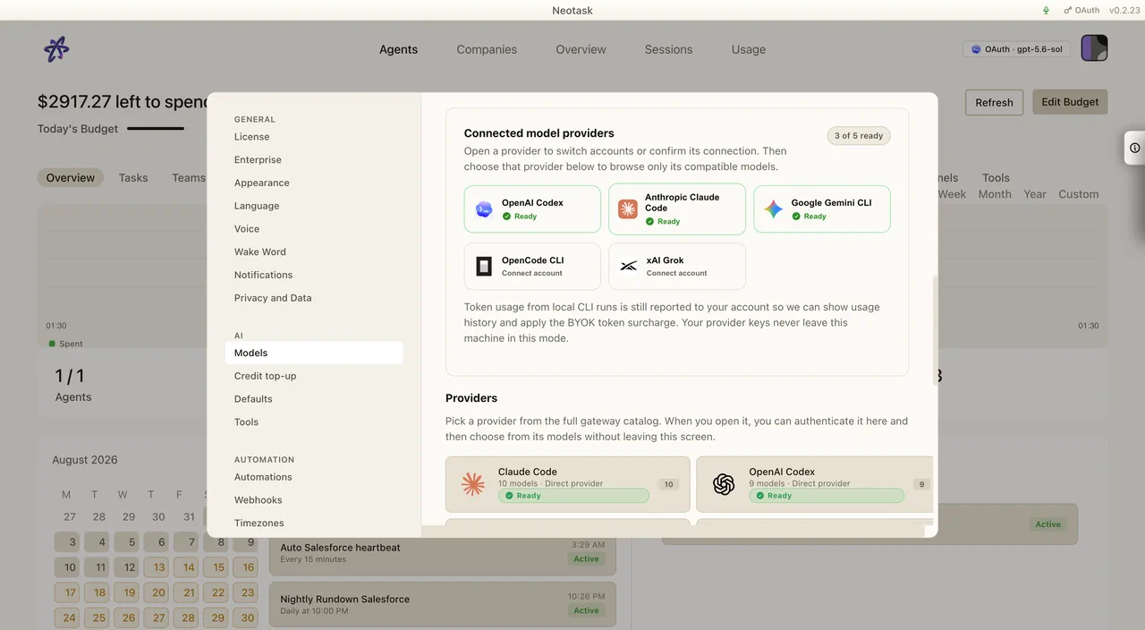 Models settings showing subscription, API key, and Neotask credit connection modes
