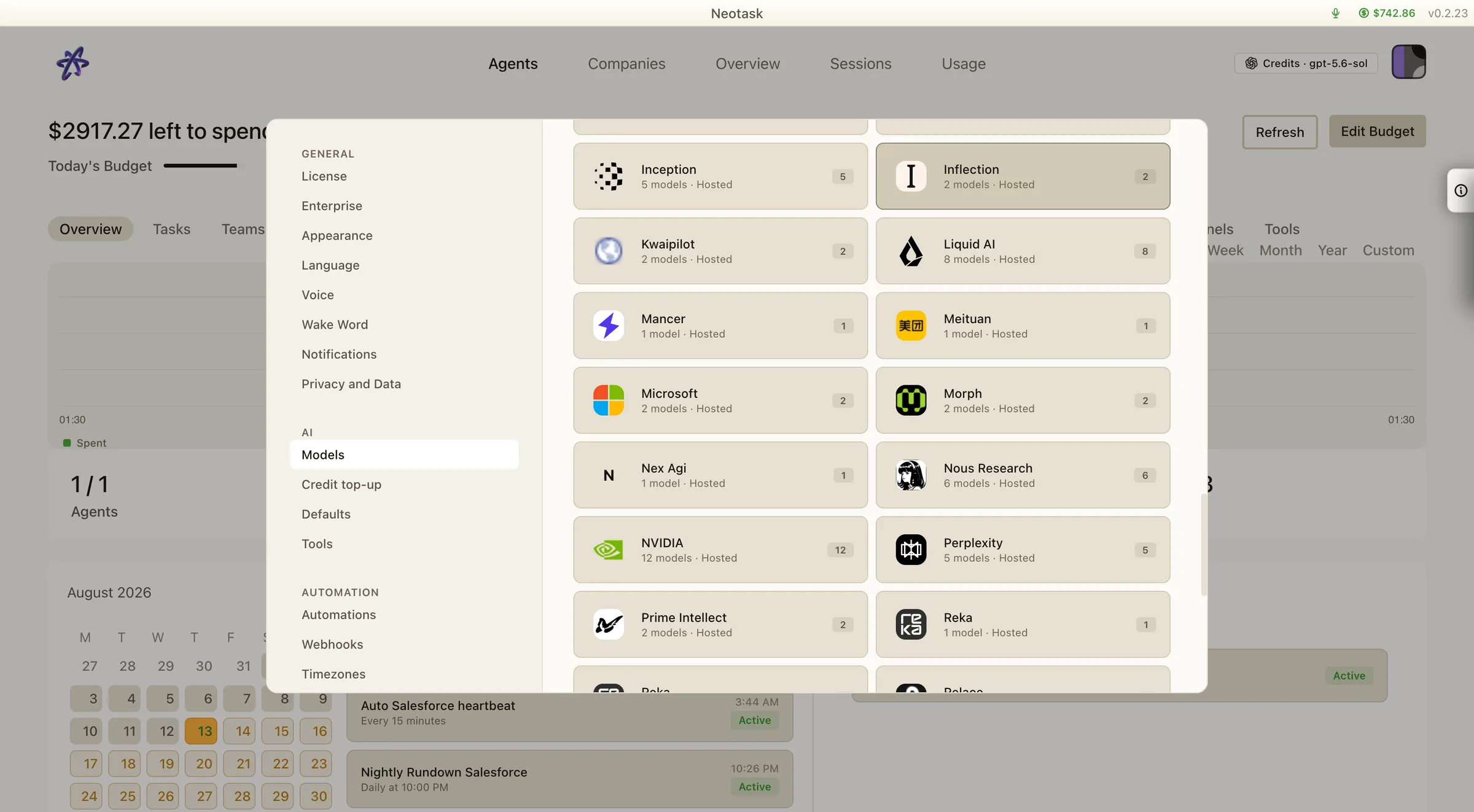 Neotask Credits provider catalog showing Microsoft, NVIDIA, Perplexity, Liquid AI, Meituan, Morph, Nous Research, and Prime Intellect