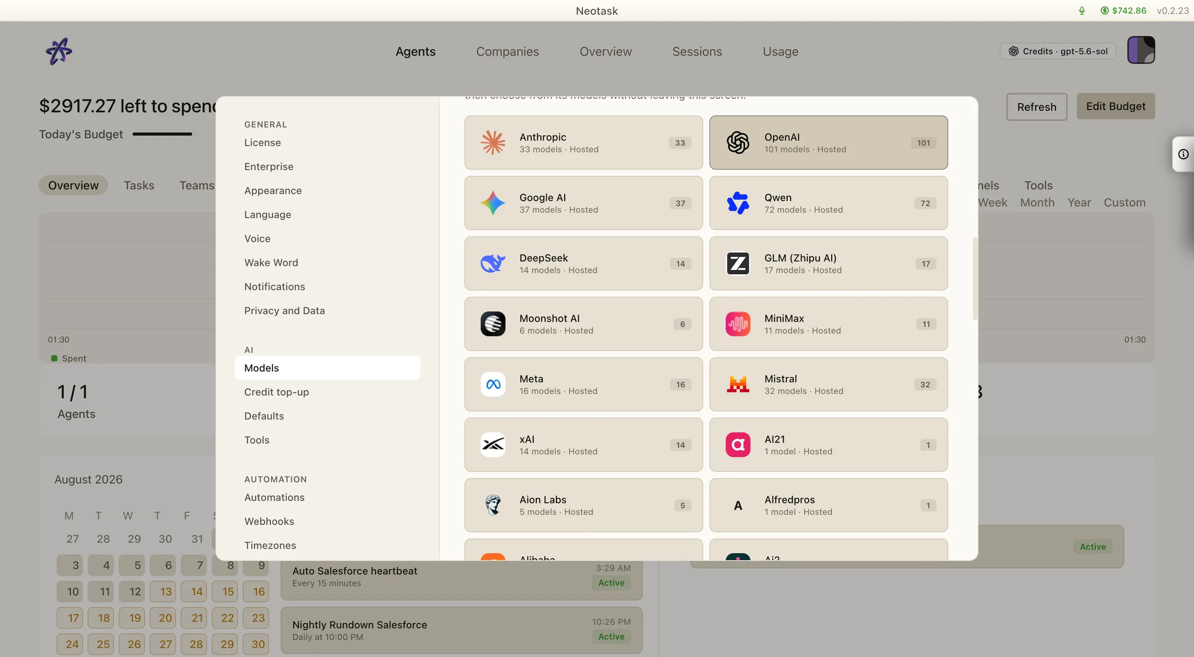 Neotask Credits provider catalog showing Anthropic, OpenAI, Google AI, Qwen, DeepSeek, GLM, Moonshot, MiniMax, Meta, Mistral, and xAI