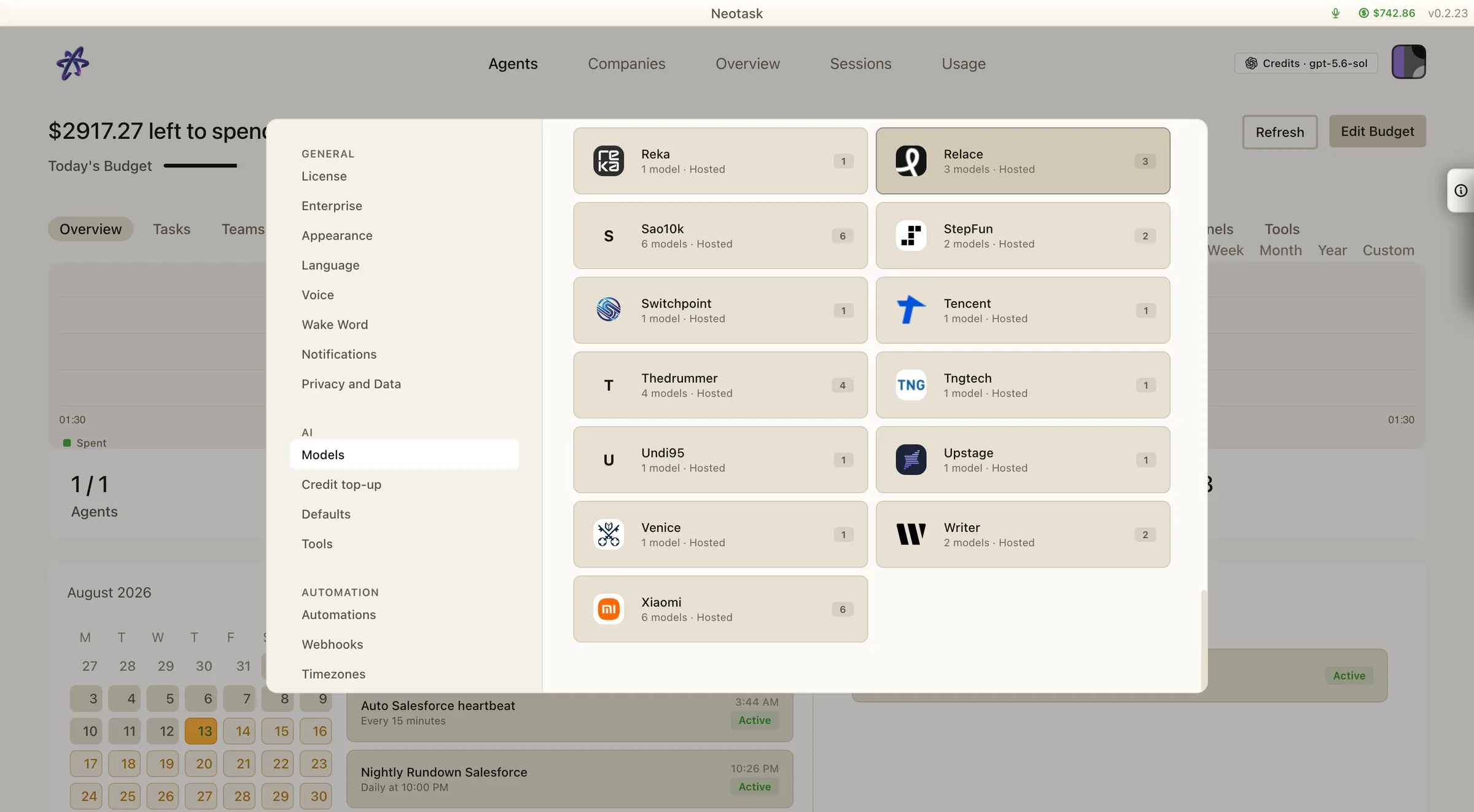 Neotask Credits provider catalog showing a broad range of hosted model providers