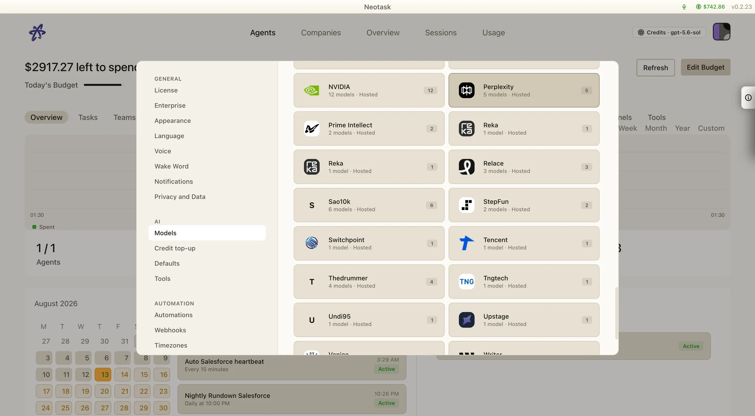Neotask Credits catalog showing NVIDIA and additional model providers