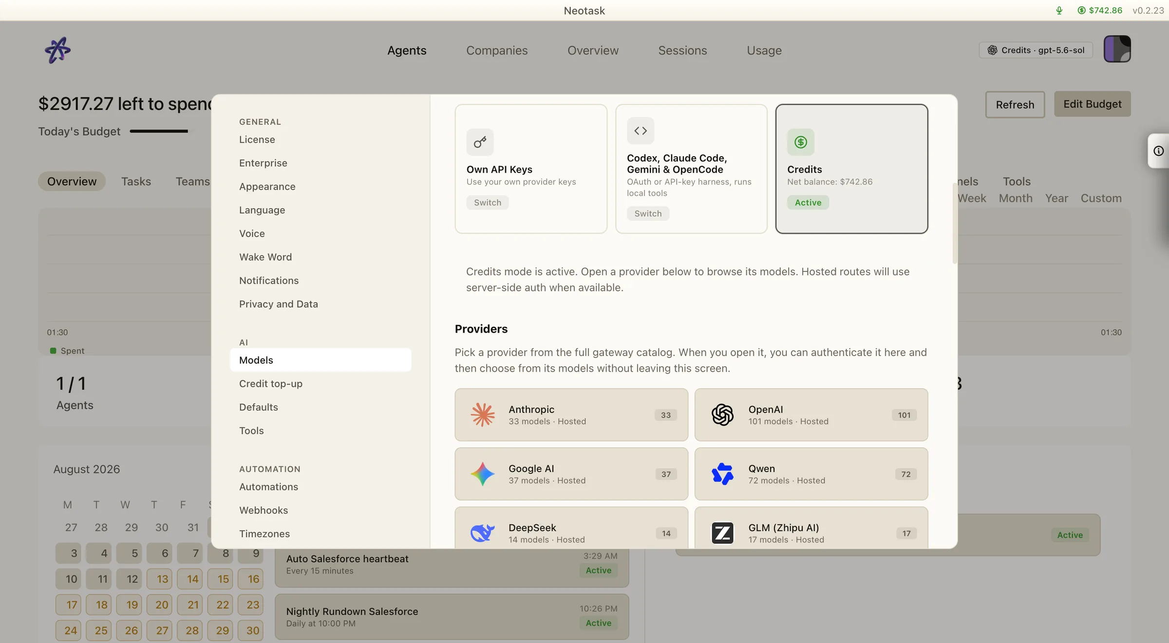 Neotask Credits mode showing Anthropic, OpenAI, Google AI, Qwen, DeepSeek, and GLM providers