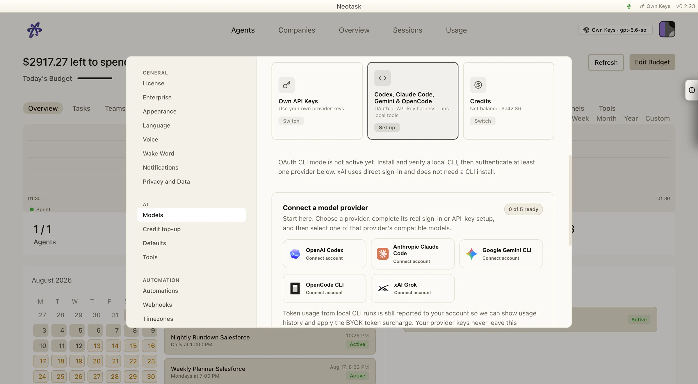 Neotask model settings showing Own API Keys, Codex, Claude Code, Gemini, OpenCode, and Credits connection modes