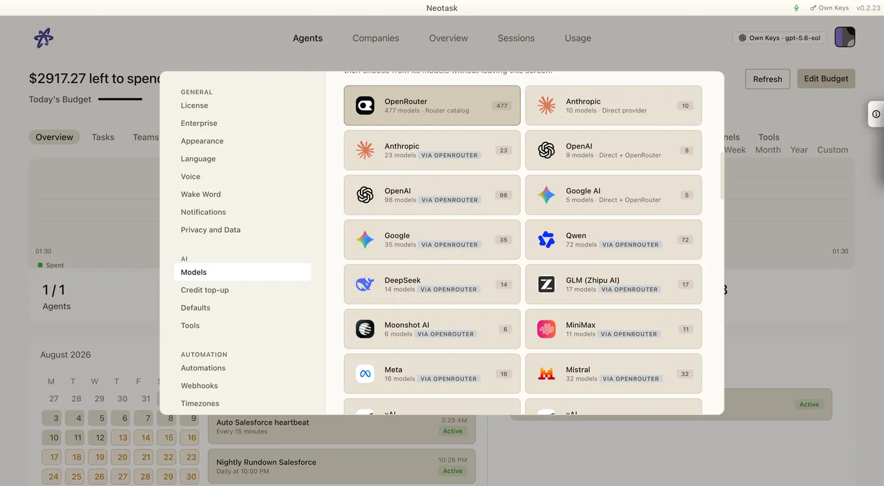 Own API Keys provider catalog in Models settings