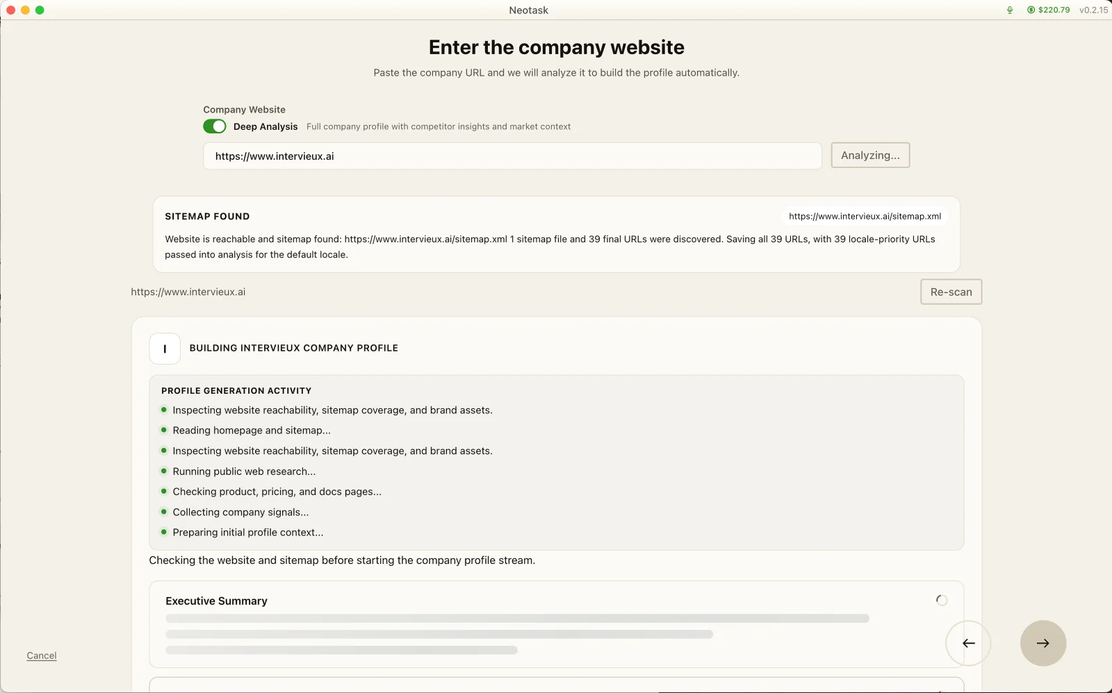 Start with your website. Neotask reads it and builds your company.