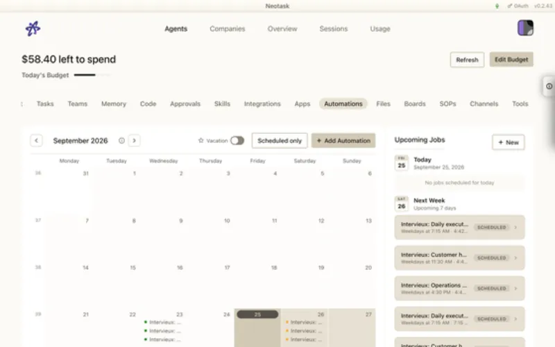 Automations page in Neotask