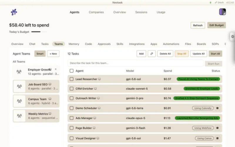 Agent teams page in Neotask