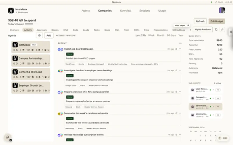 Activity page in Neotask