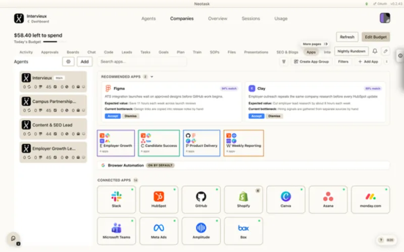 Apps page in Neotask