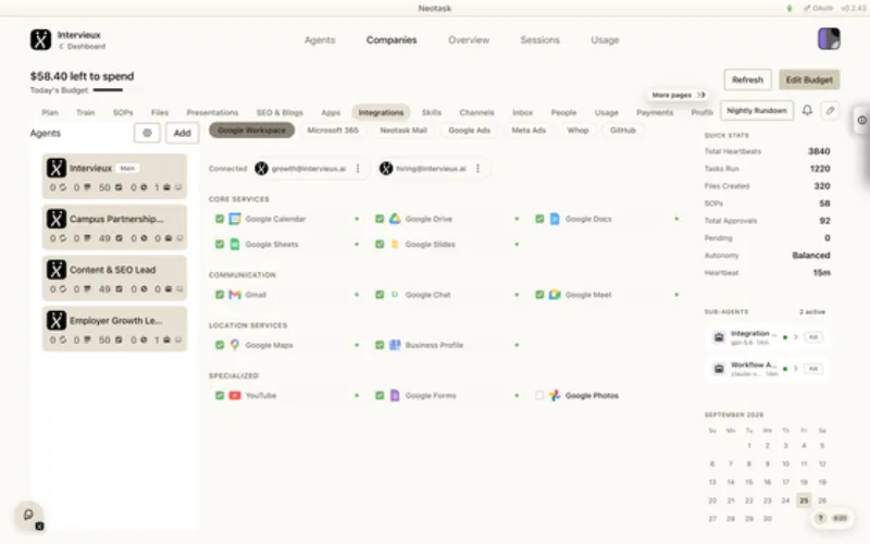 Integrations page in Neotask