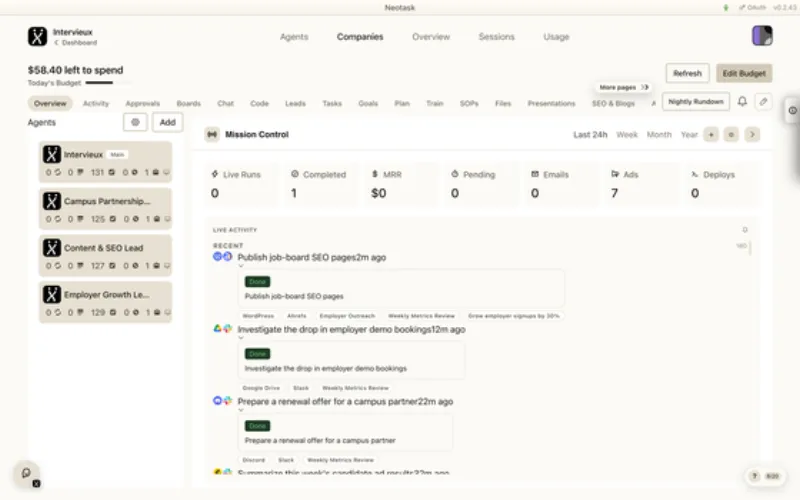 Overview page in Neotask