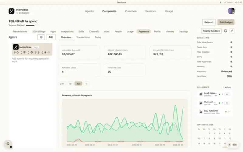 Payments page in Neotask