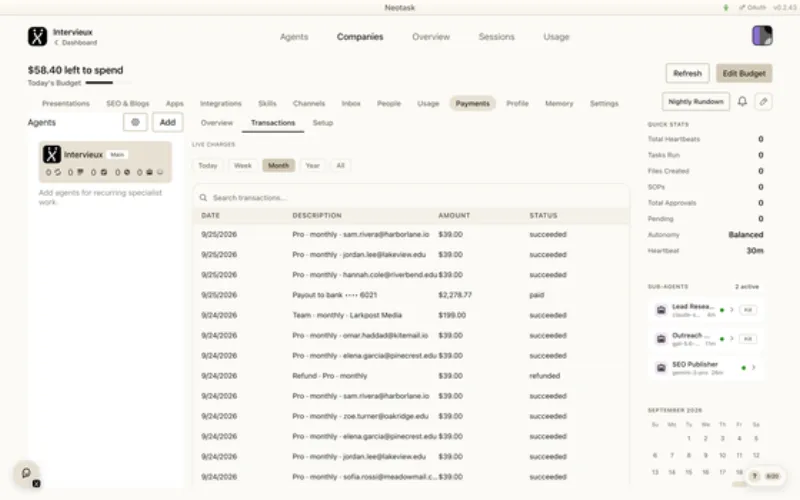 Transactions page in Neotask