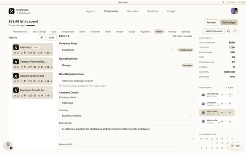 Profile page in Neotask