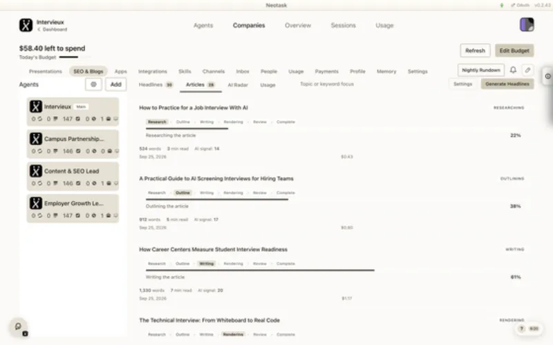 SEO articles page in Neotask