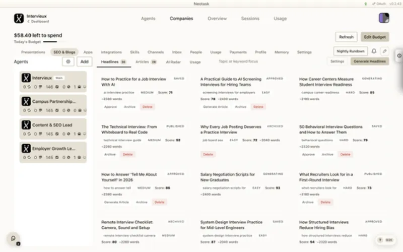 SEO headlines page in Neotask