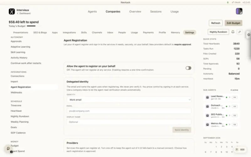 Agent registration page in Neotask