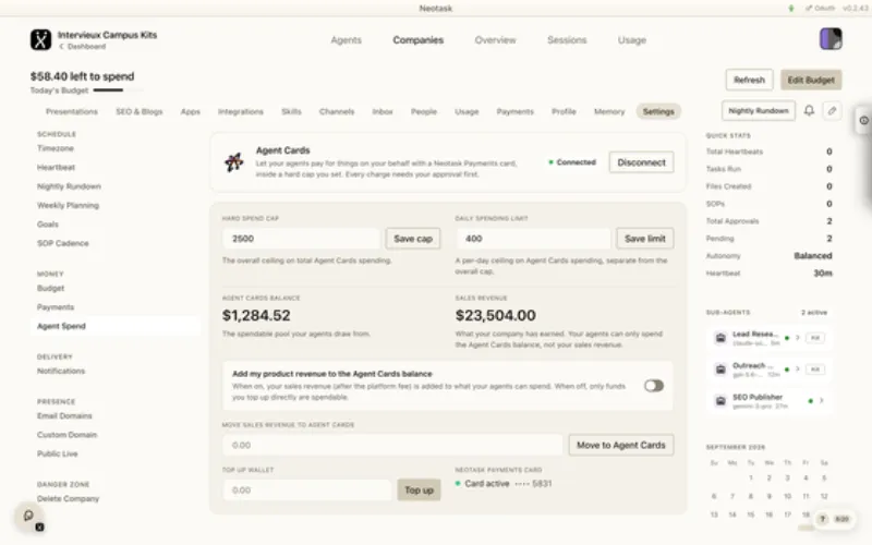 Agent spend page in Neotask