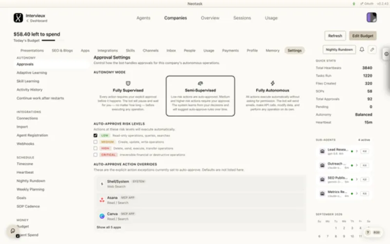 Approval settings page in Neotask