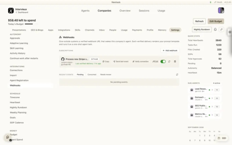 Webhooks page in Neotask
