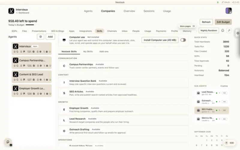 Skills page in Neotask