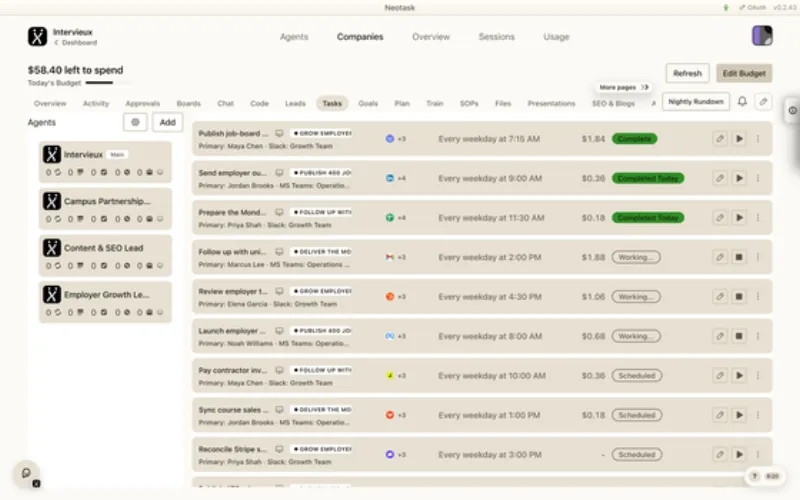 Tasks page in Neotask