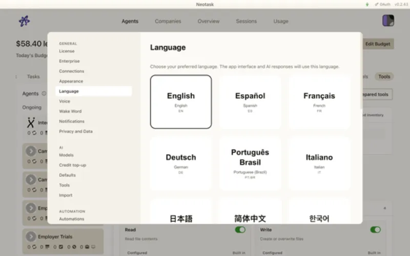 Language page in Neotask