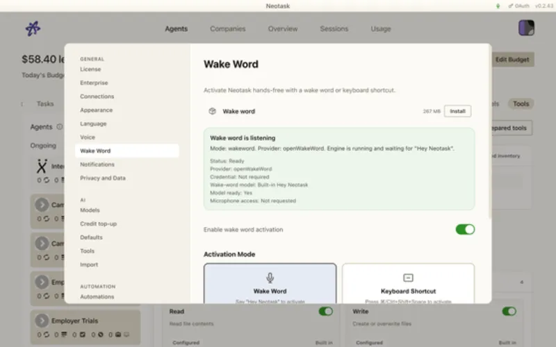 Wake word page in Neotask