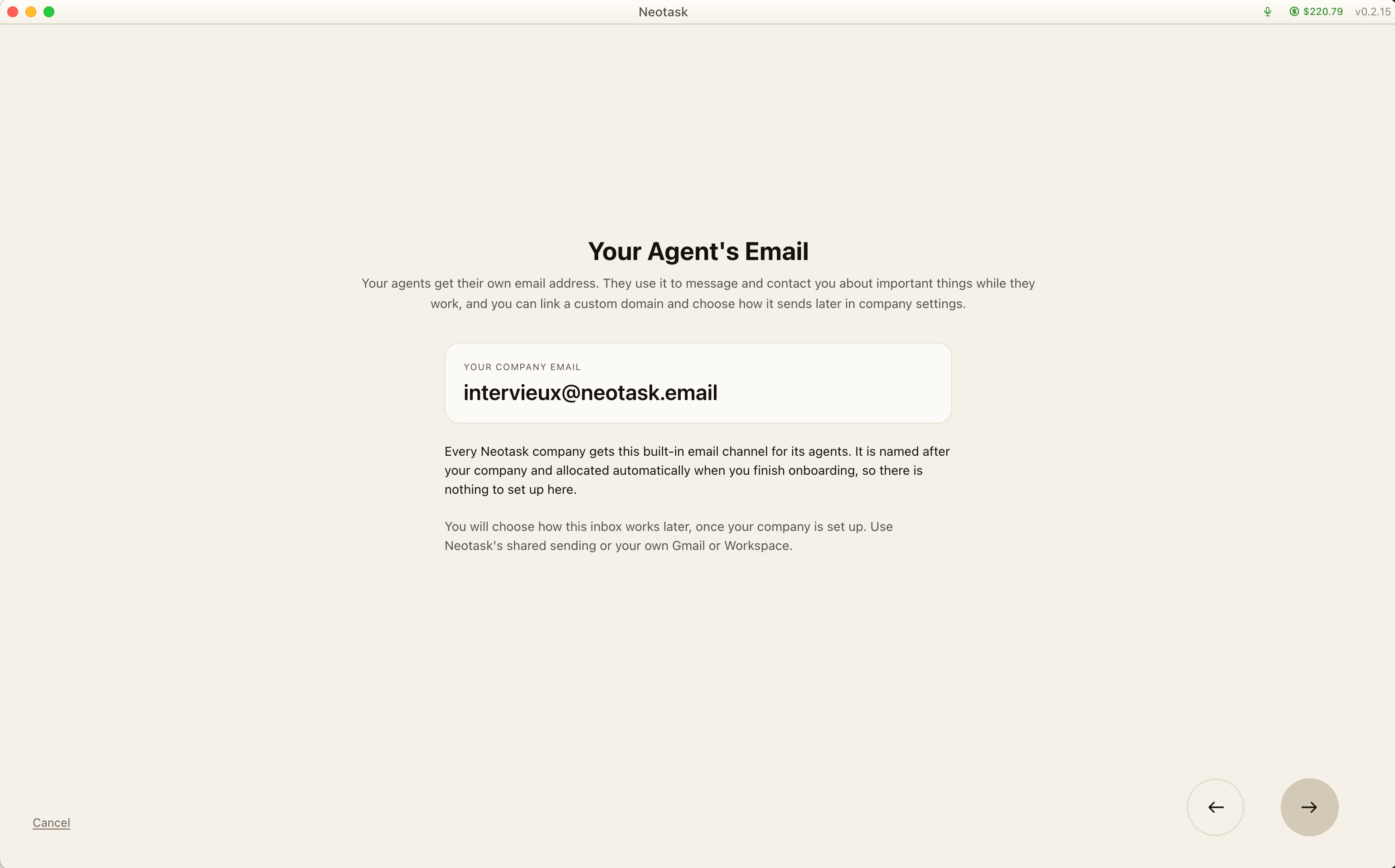 Neotask agent email showing a dedicated company-branded inbox address and email controls.