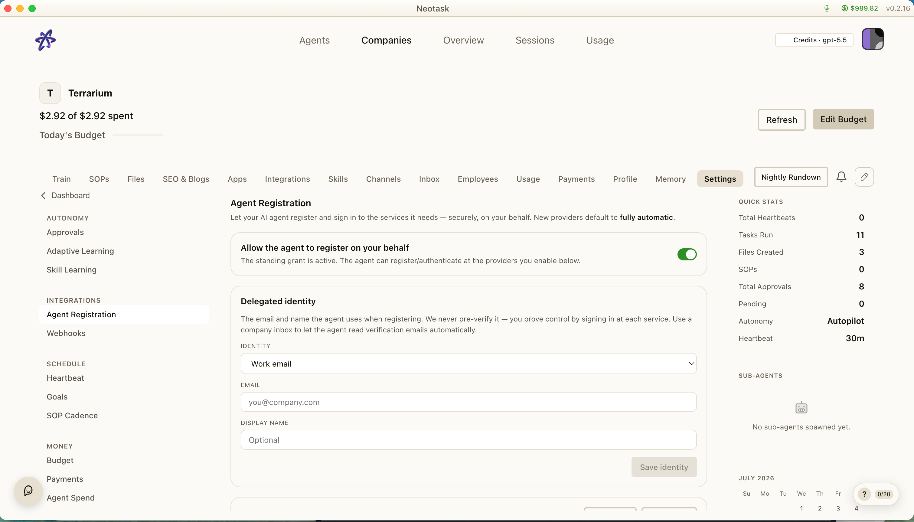 Neotask agent registration showing delegated identity and secure account-verification controls.