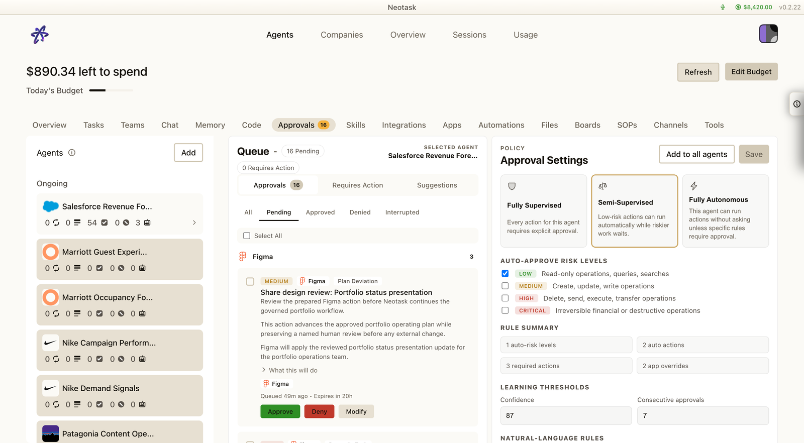 Neotask Approvals showing a populated human review queue beside autonomy modes, risk levels, and policy rules.