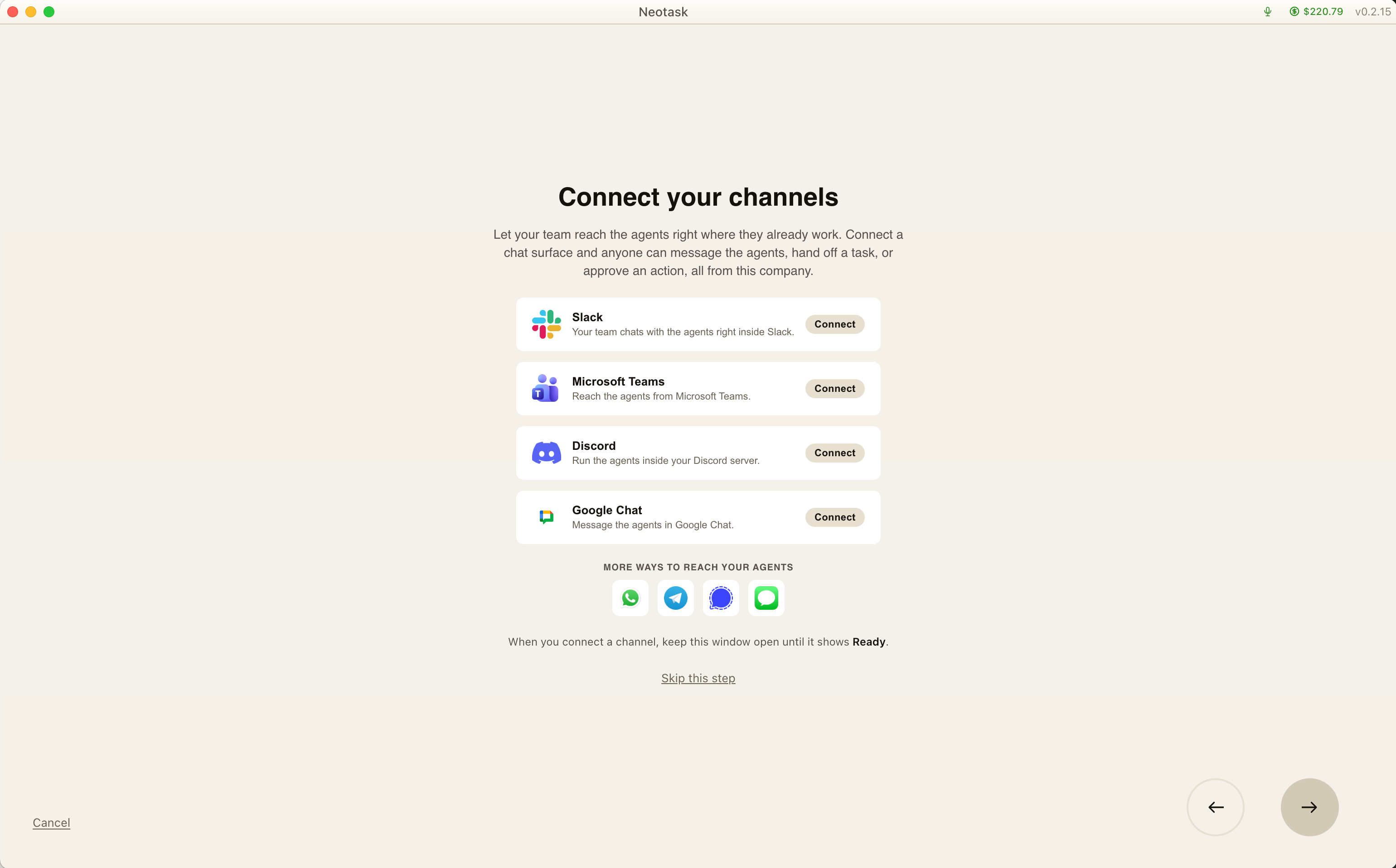 Neotask channel connections for Slack, Microsoft Teams, Discord, and Google Chat.