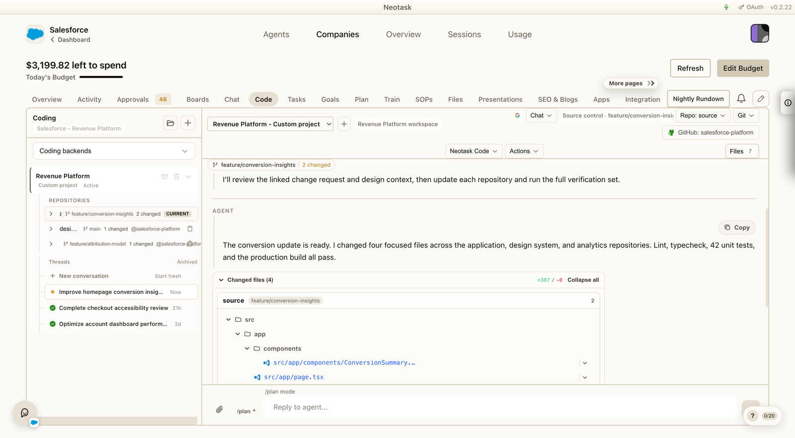 Neotask Code project chat showing an agent conversation, linked GitHub repositories, branches, and changed files.