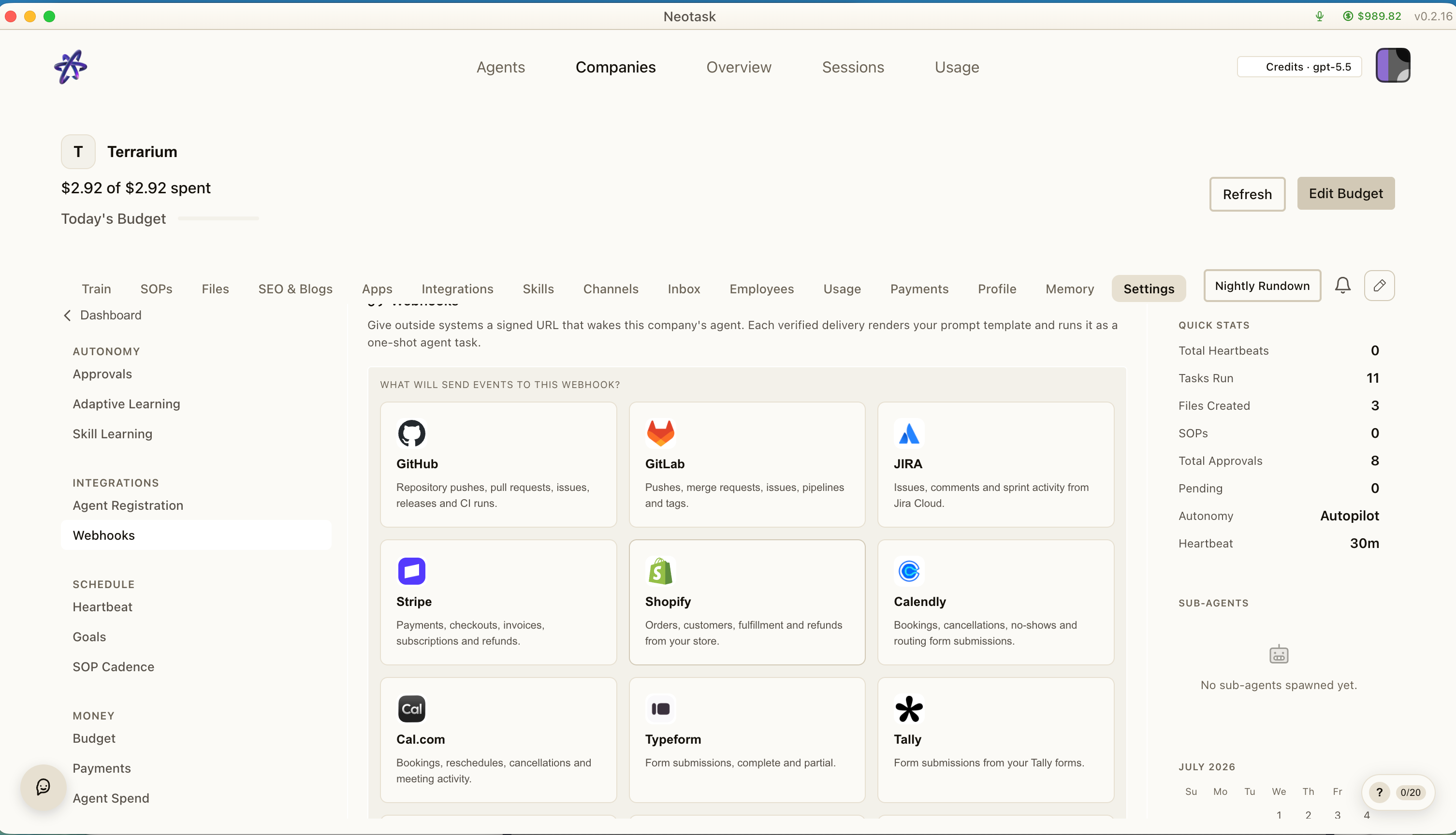 Neotask integrations showing webhook-enabled services including Stripe, GitHub, Jira, Shopify, Calendly, Typeform, and Tally.