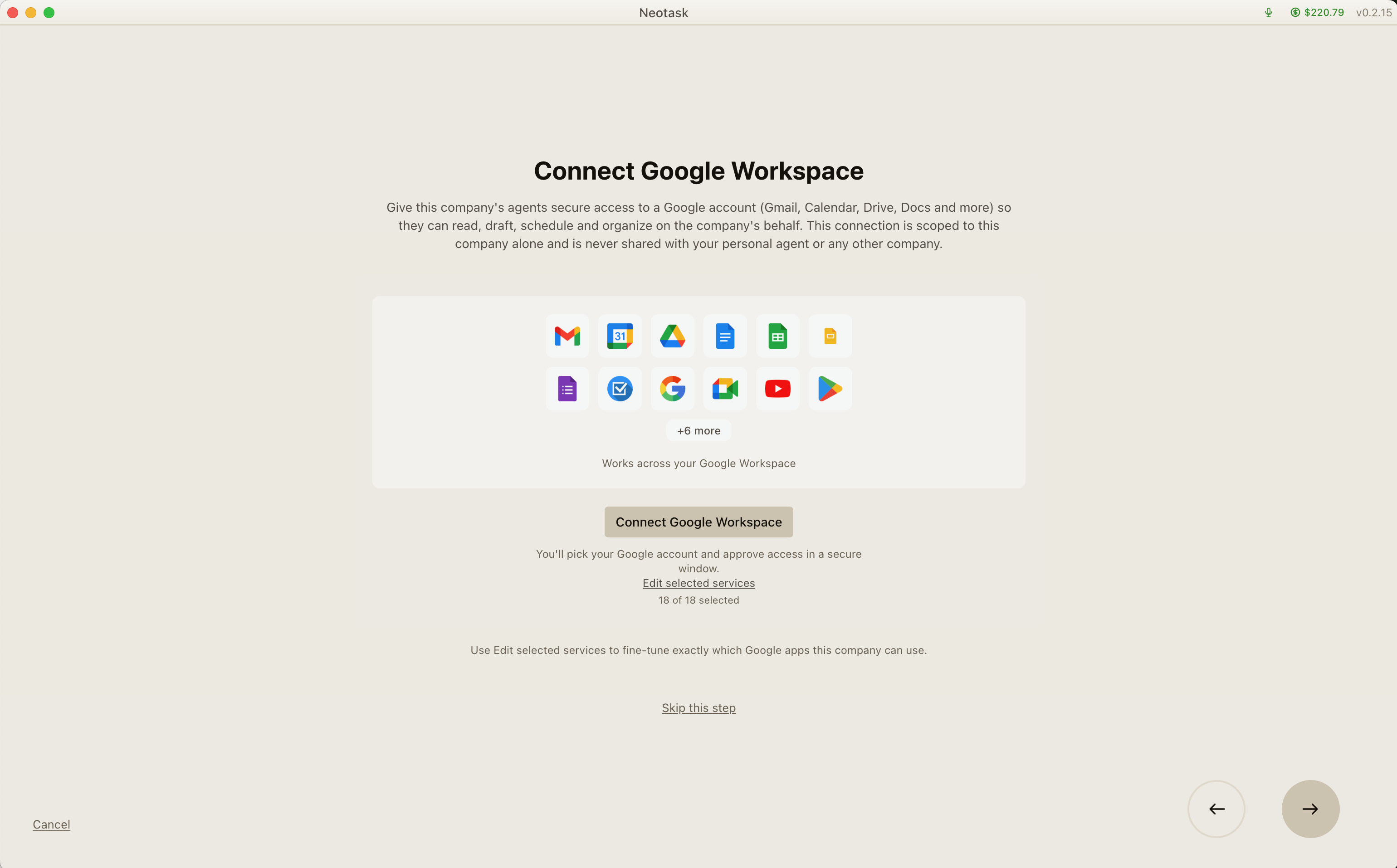 Neotask Google Workspace connection showing access to Gmail, Calendar, Drive, Docs, and other services.