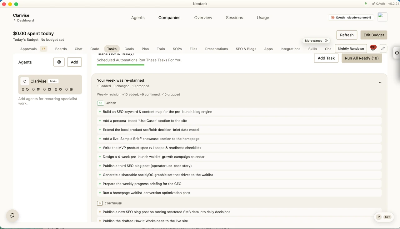 Next week replanned in the task workspace