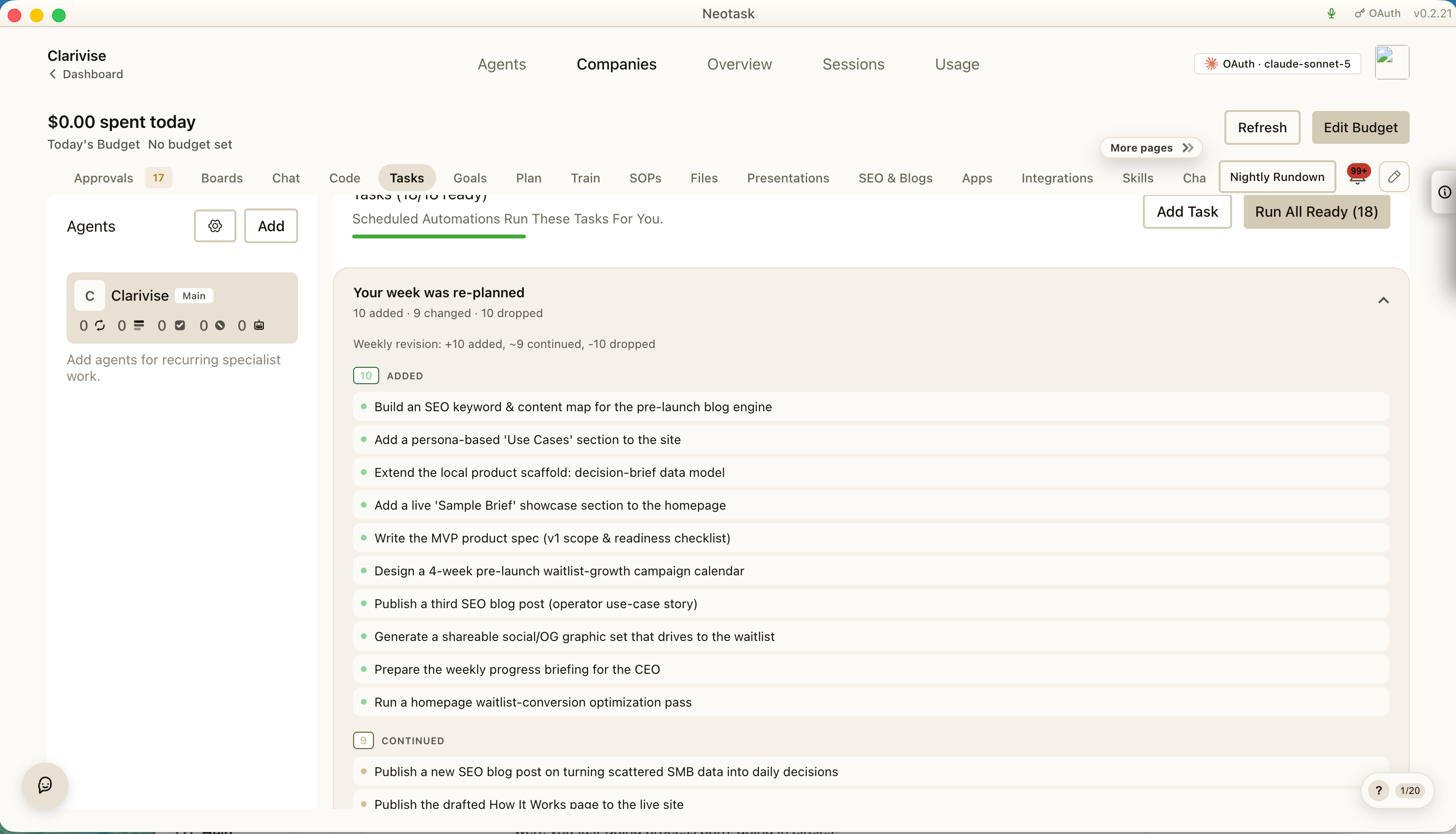 Neotask Tasks showing a company week automatically replanned with ten new tasks, nine continuing tasks, schedule controls, and company navigation.