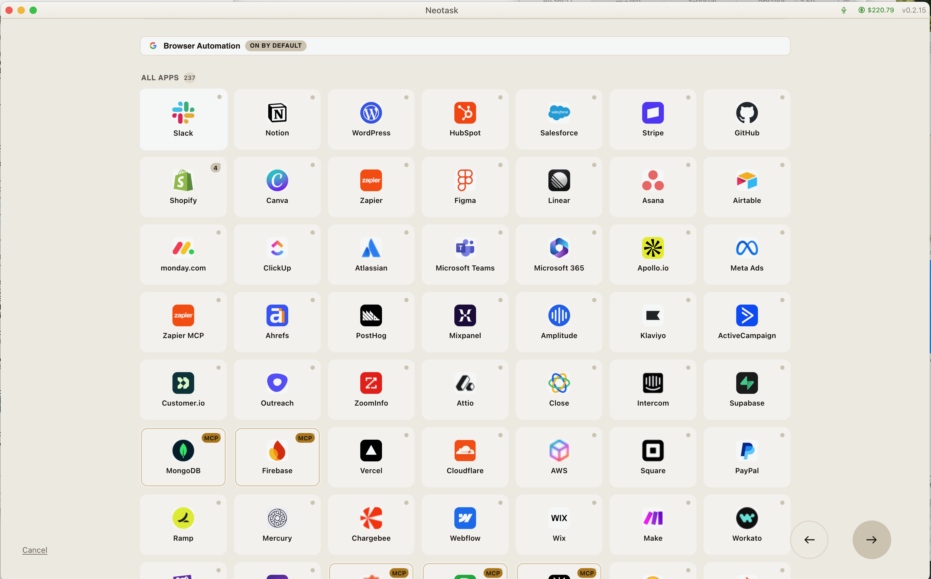 Neotask app directory showing a broad catalog of available business integrations and connected services.