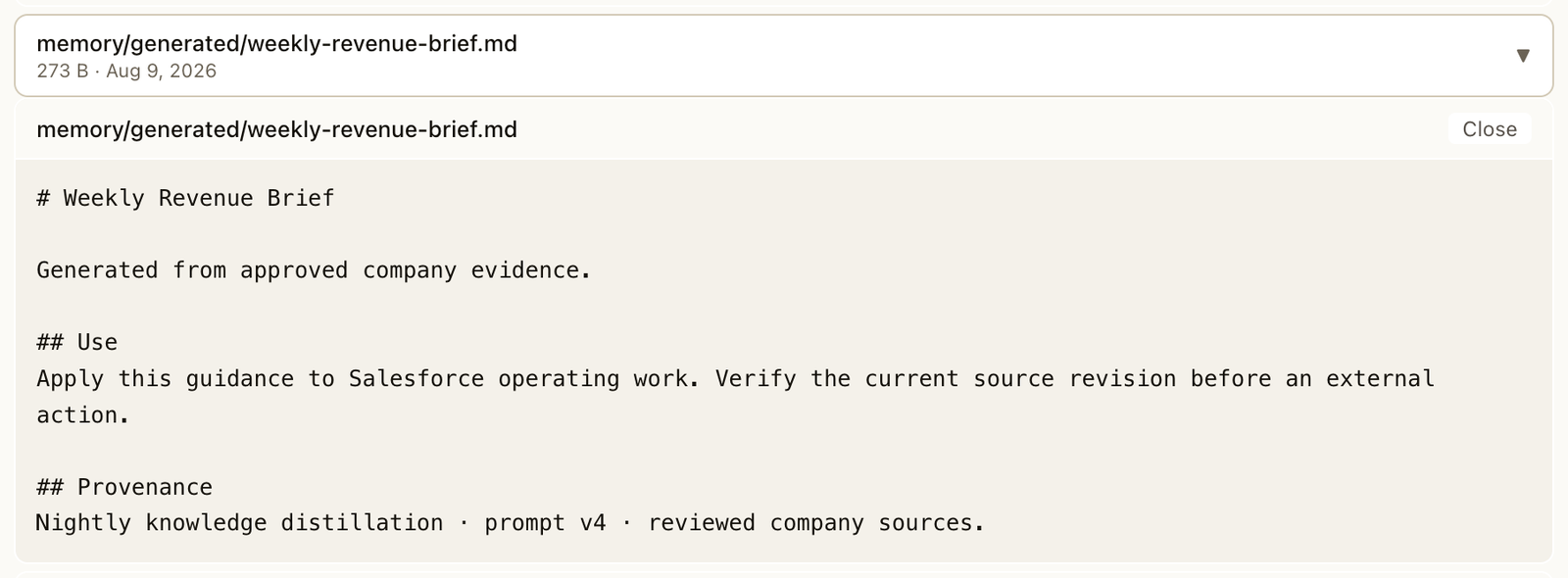A governed company memory file containing a generated weekly revenue brief, usage guidance, and source provenance.