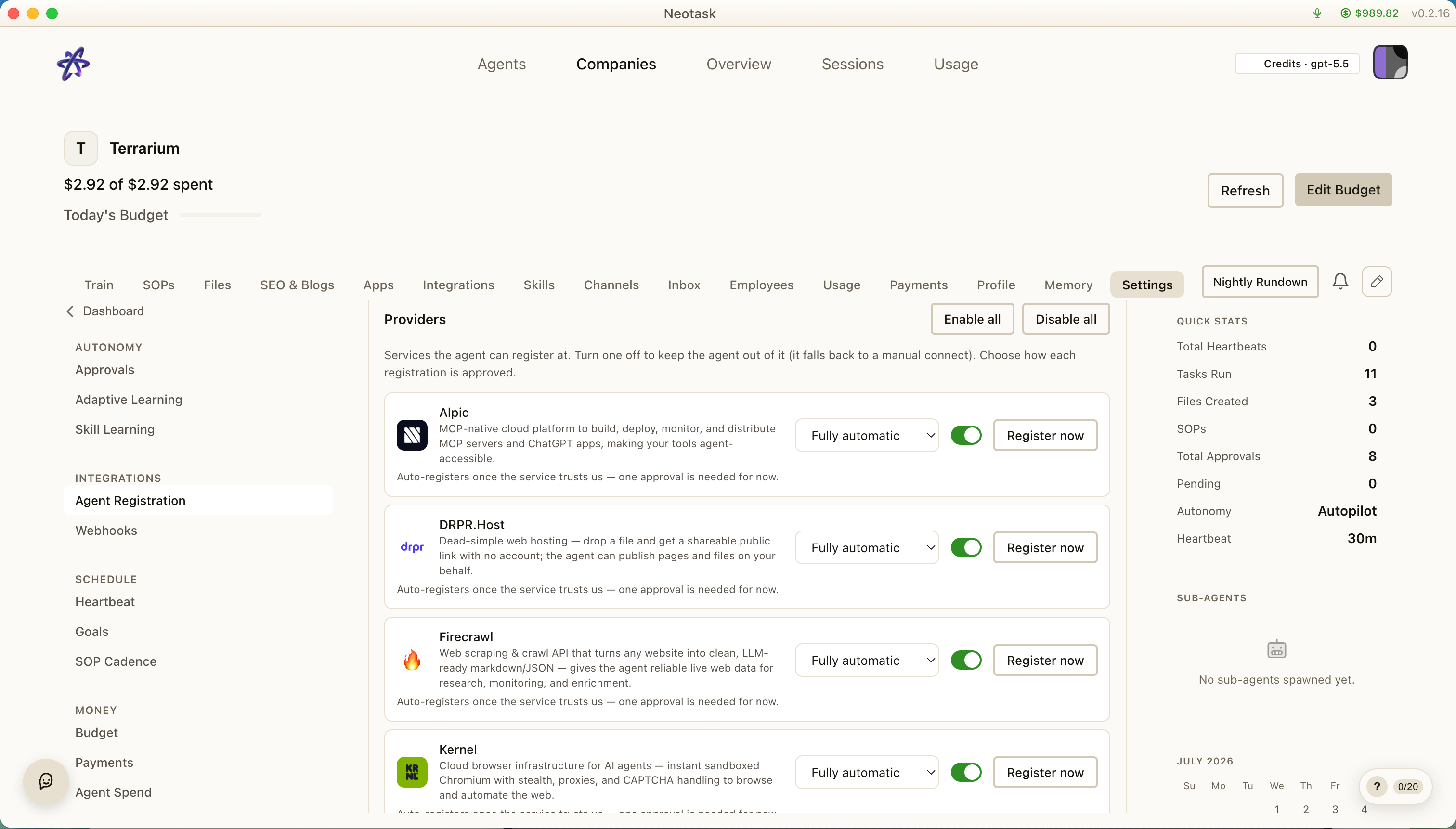 Neotask service directory showing browser, research, hosting, and work services that agents can register for.