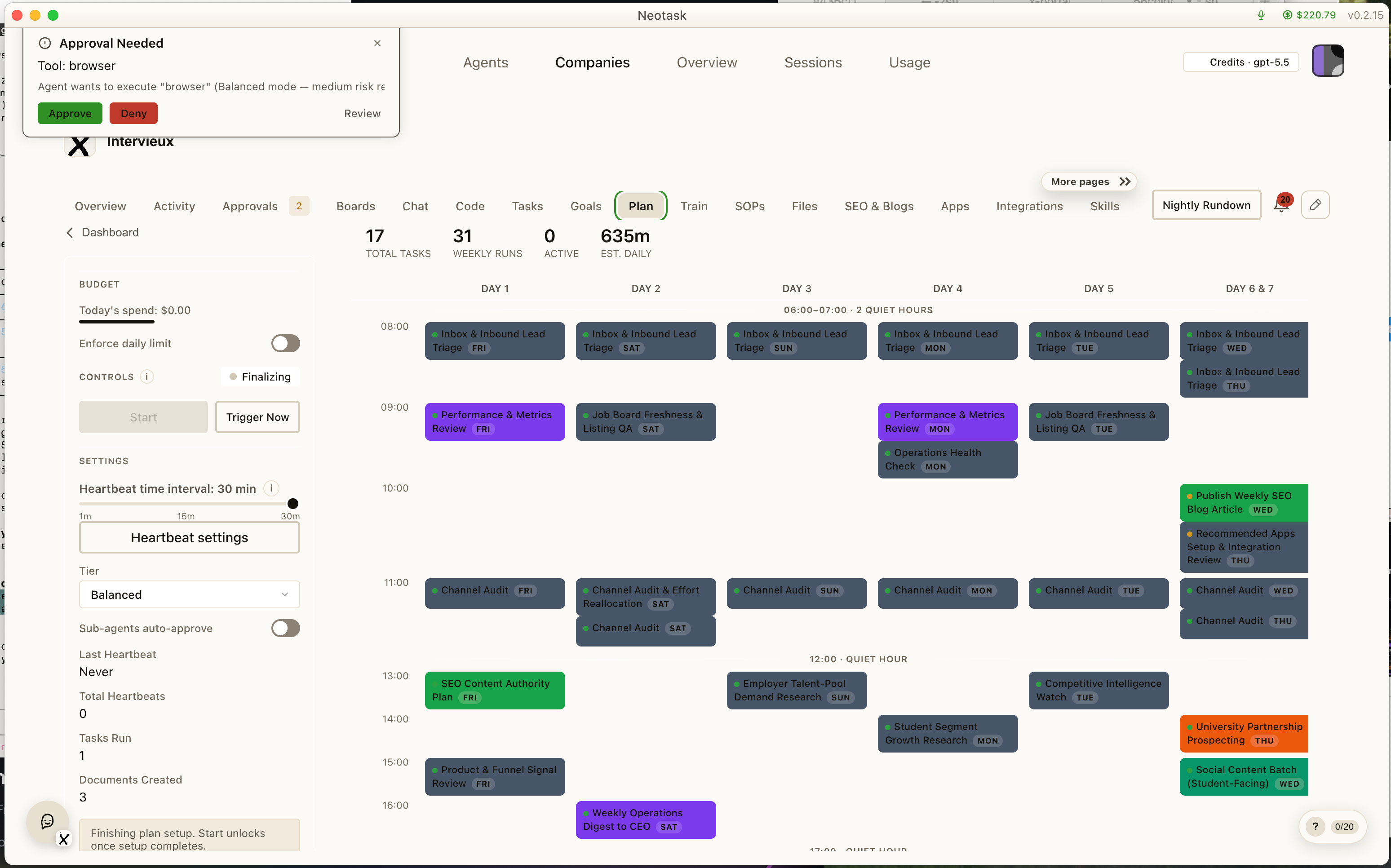 Neotask company plan showing autonomous work scheduled across the week with operational controls.
