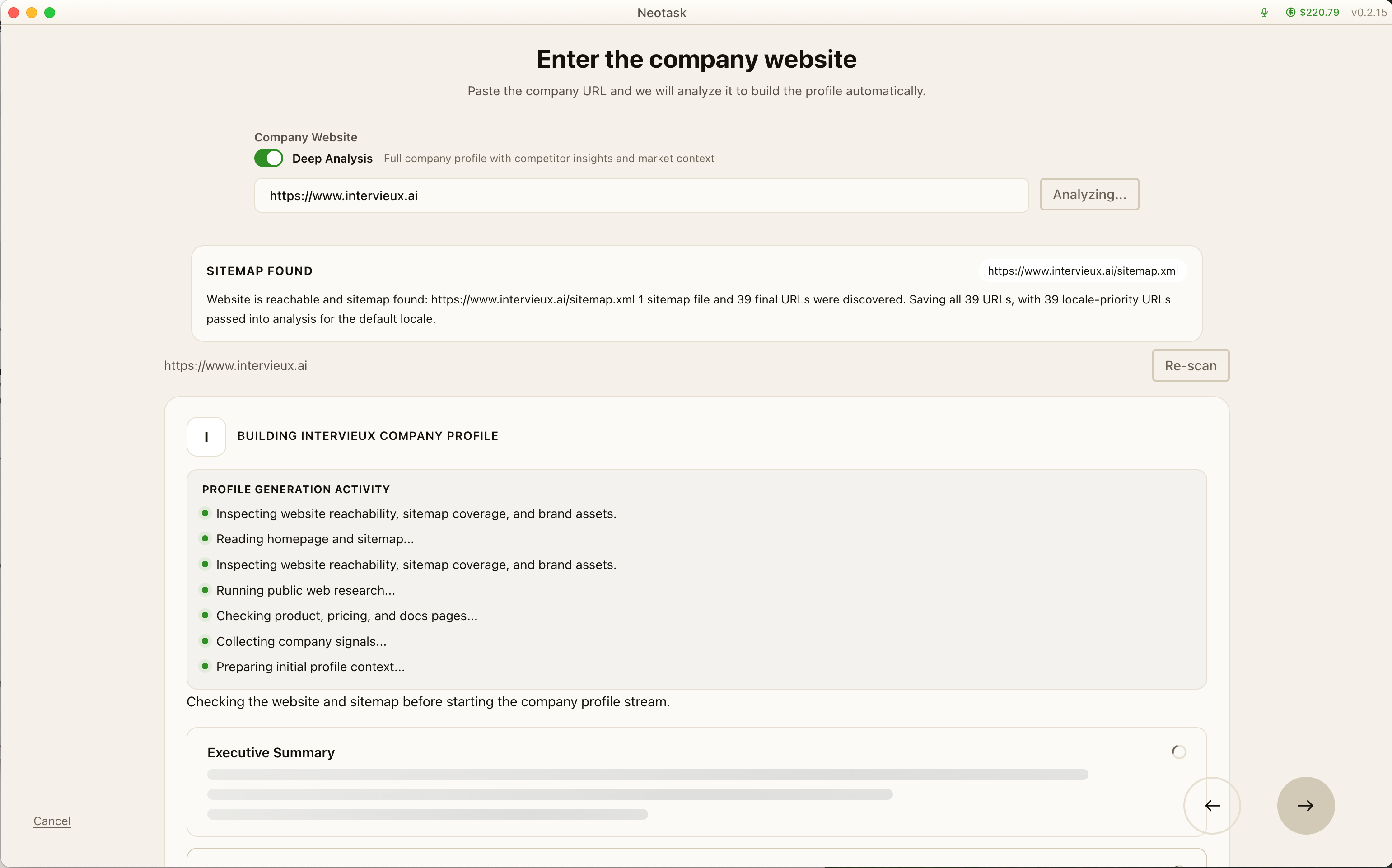 Neotask analyzing a company website, mapping its pages, and building a company profile automatically.