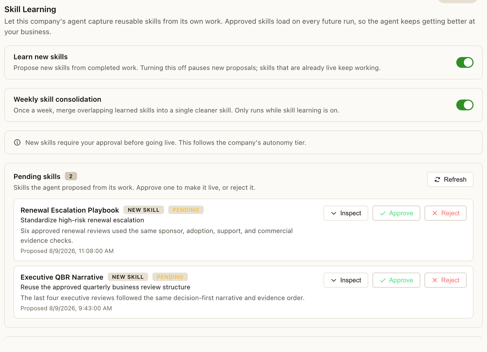 Neotask Skill Learning controls with reusable skill capture, weekly consolidation, and approval-ready proposed skills.