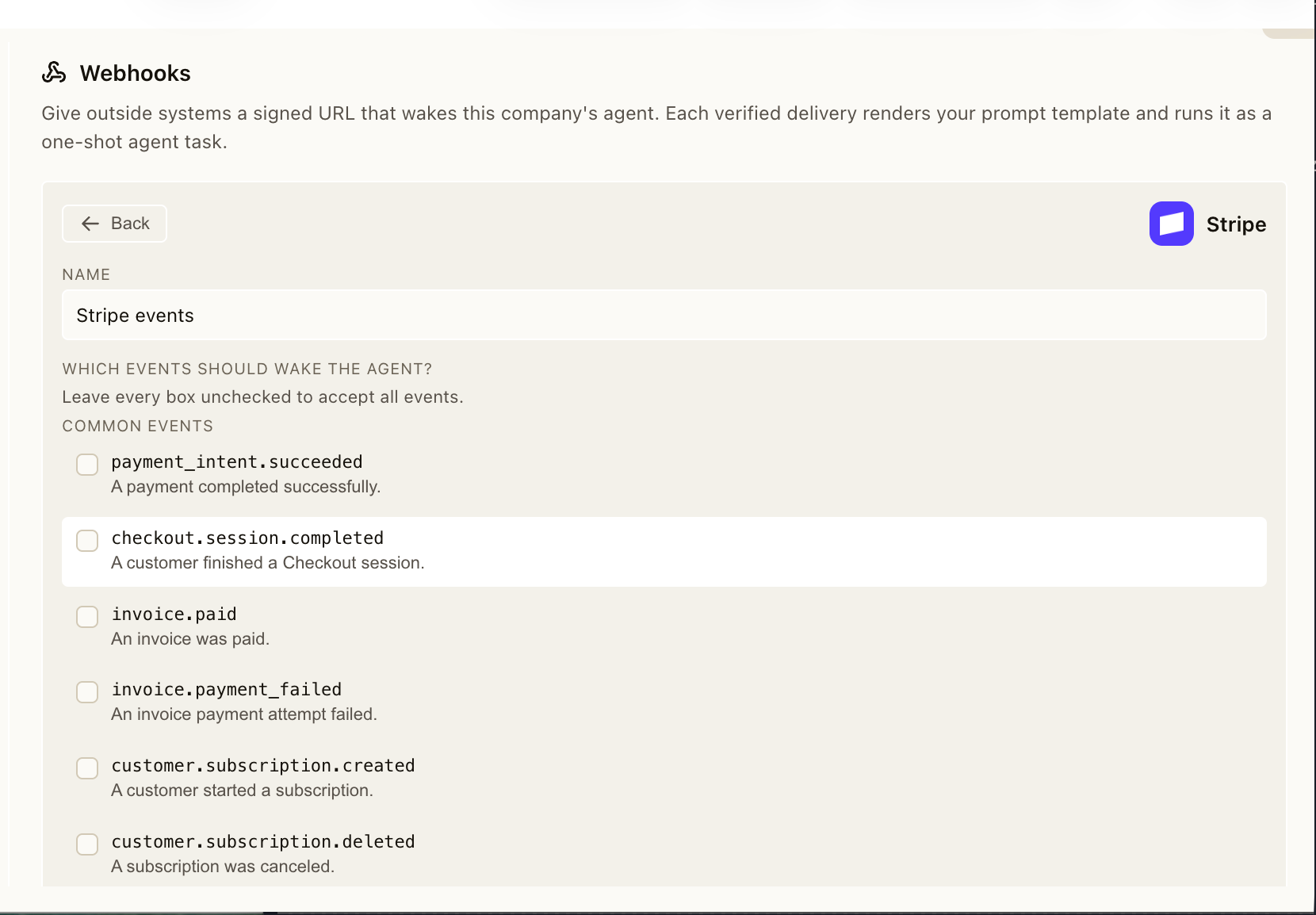 Neotask Stripe webhook configuration showing payment and subscription event triggers.