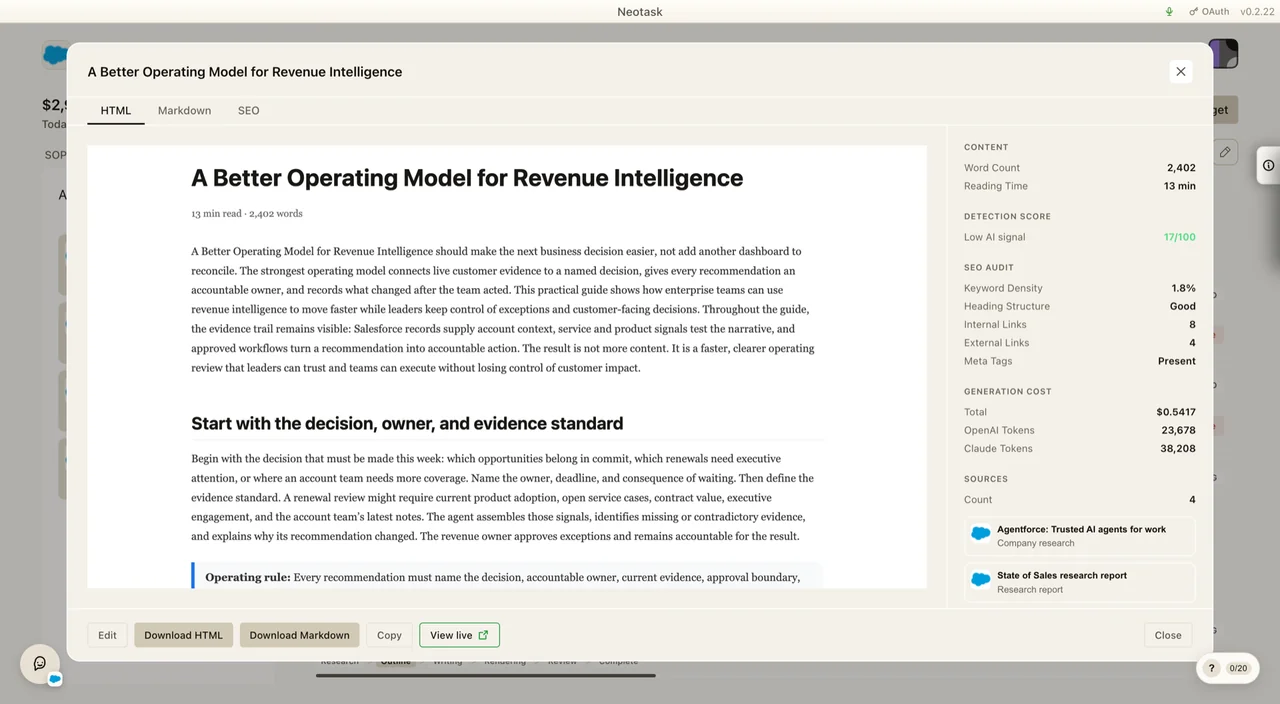 Completed article with content, sources, and controls