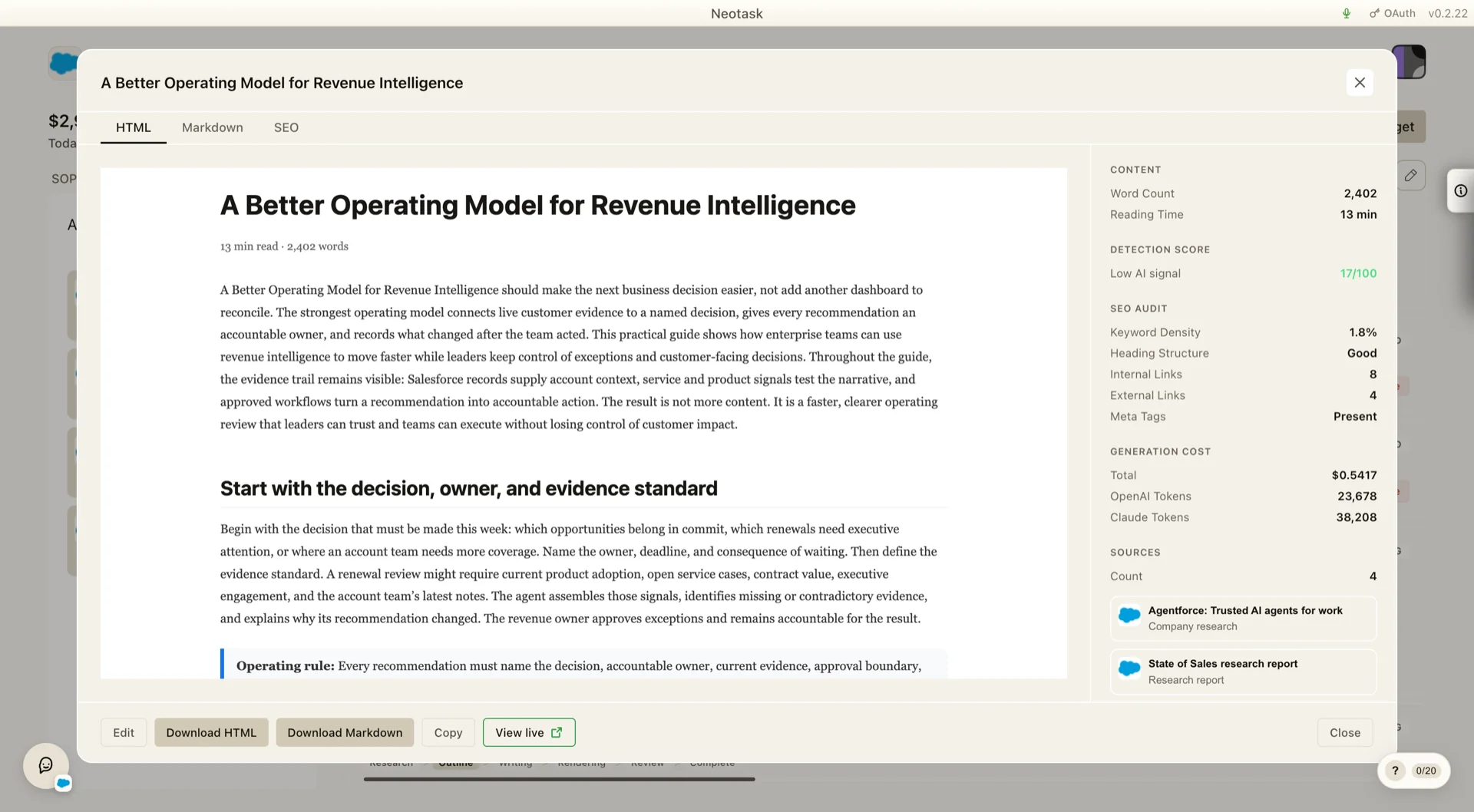 A finished Neotask blog article with its full content, SEO audit, source list, and publishing controls.