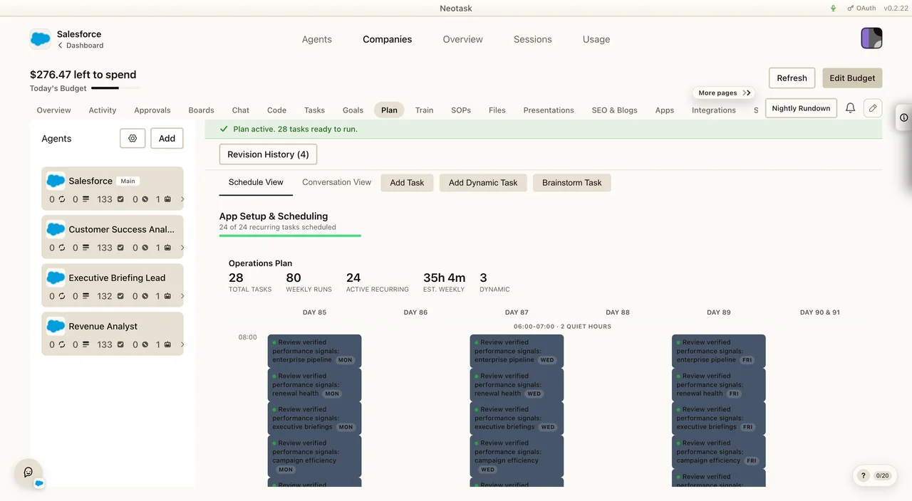 Company Plan showing generated work and the active schedule
