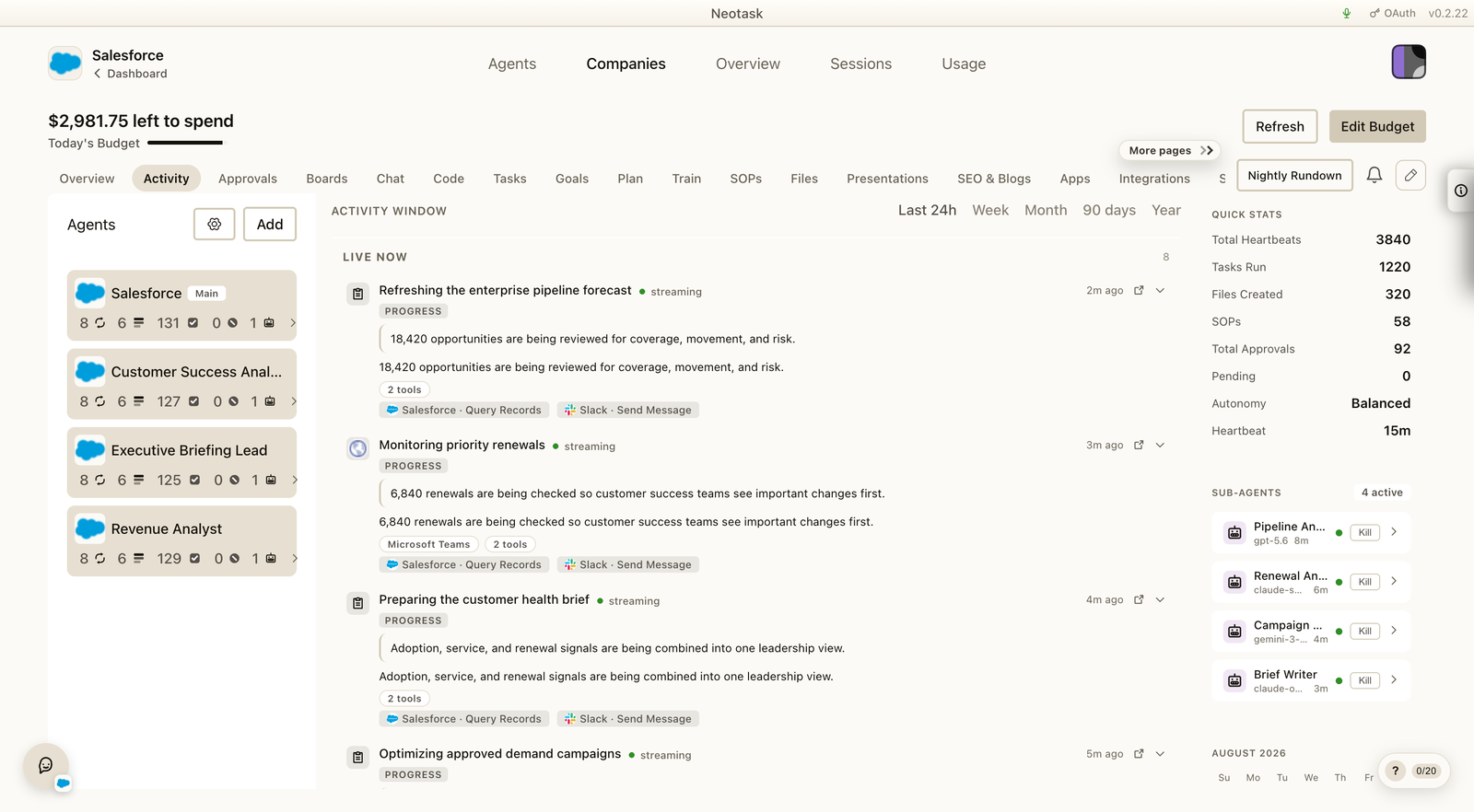 Neotask live activity with current company work and connected apps.