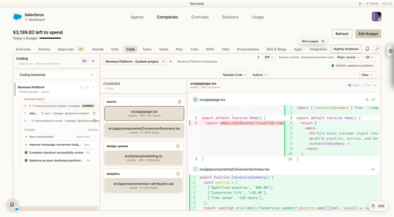 Neotask source diff showing reviewed code changes inside the run.